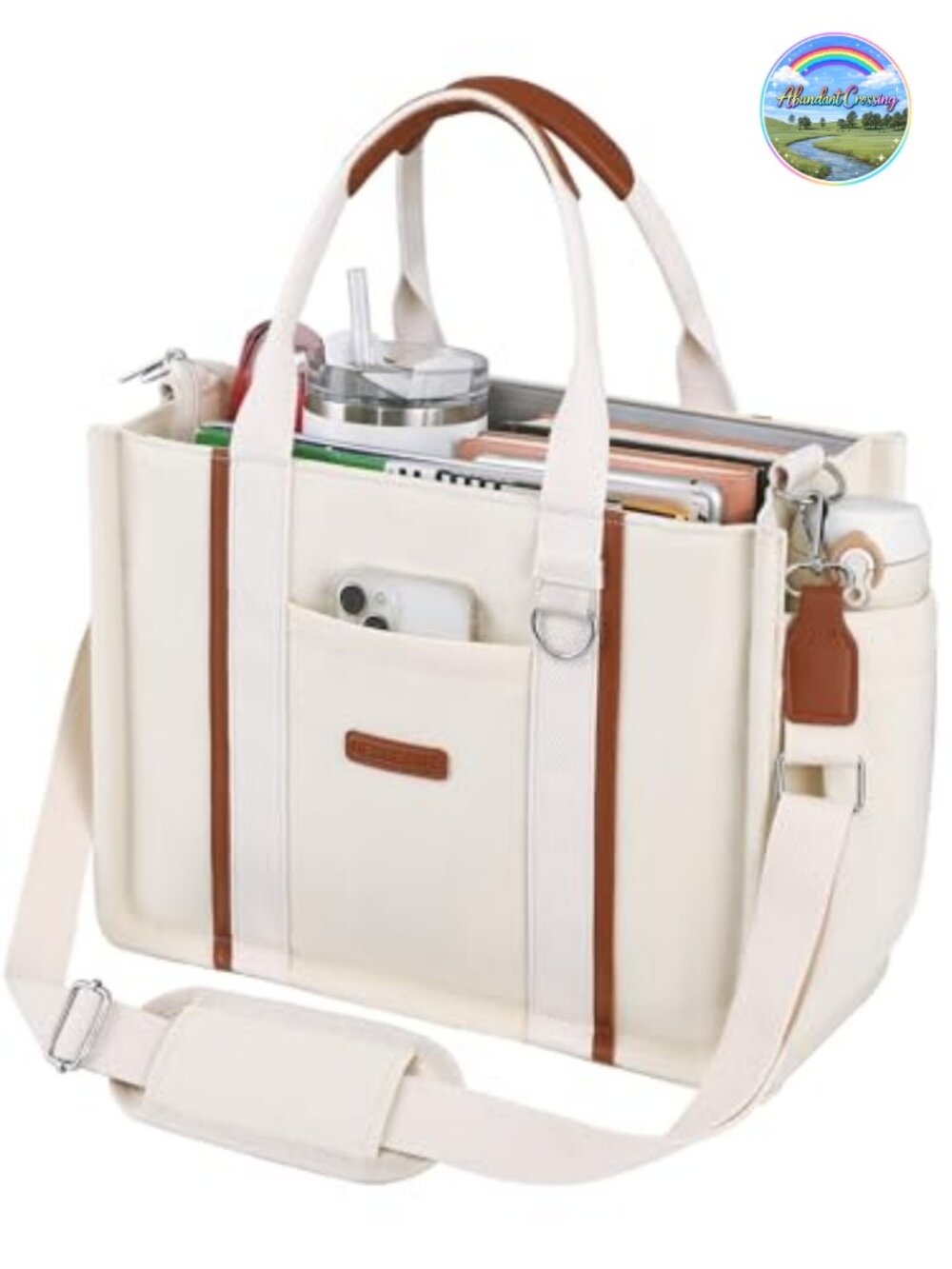 Canvas Tote Bag with Zipper Multi-Pocket Laptop Work Crossbody Purse